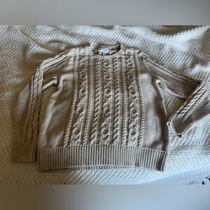 LL Bean Sweater Womens Beige Tan Fisherman Cable Chunky Collar Boxy Large